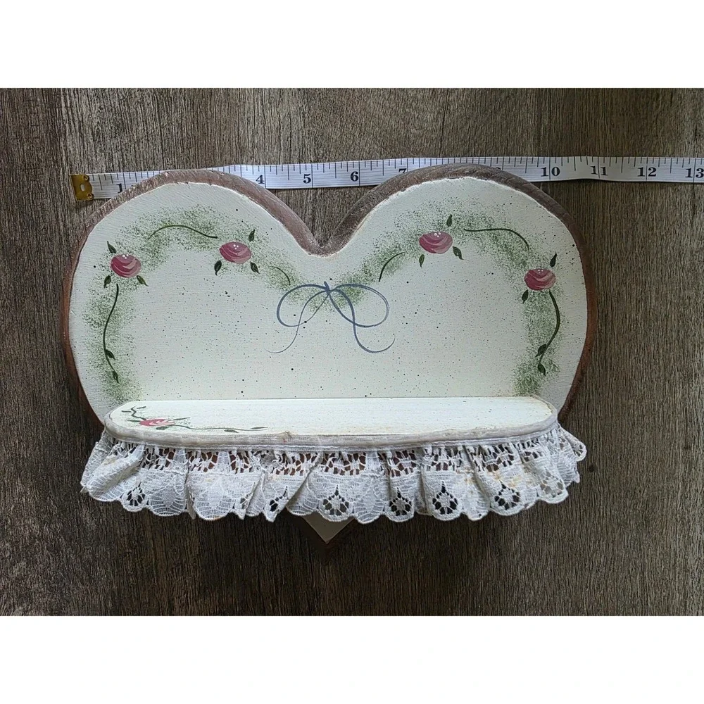 Vintage Cottagecore Wooden Heart Wall Shelf Hand Painted Roses Lace Trim 11x9